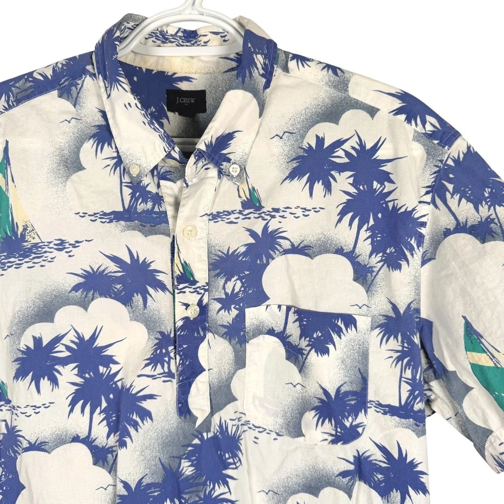 J.Crew Popover Polo Shirt Mens M Blue Tropical Sailboat Palm Tree Short Sleeve